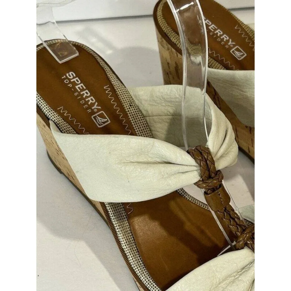 Sperry Top-Sider Womens White Ivory Leather Upper Cork Wedge Sandals Size 9